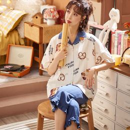 Summer Cotton Plus Size Home Wear Sexy Cardigan Nightwear Kawaii Pink Pijamas Set Women Cute Lace Short Sleeve Cartoon Sleepwear Q0706