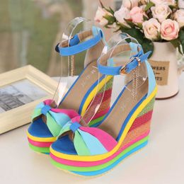 summer sandals women Women's Ladies Wedges High Multicolor Patchwork Sandals Peep Toe Roman Shoes high heels io9 Y0721