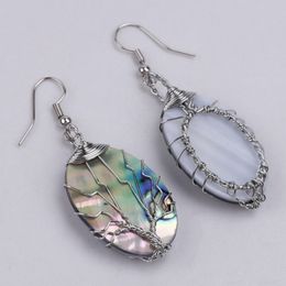 Tree of Life Earring Dangle Silvery Wire Wrapped Oval Abalone Paua Shell Organic Cabochon 5 Pairs