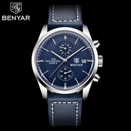 Wristwatches BENYAR Men's Watch Multifunction Chronograph Top Brand Quartz Wristwatch Stainless Steel Waterproof Luxury Leather Watches