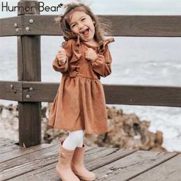 Humour Bear Autumn Winter Toddler Girl Dress Long Sleeve Cotton Ruffles Princess Kids Corduroy Pleated Fashion Baby 211231