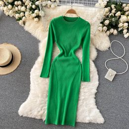 New design women's solid Colour o-neck long sleeve midi long bodycon tunic knitted sweater dress