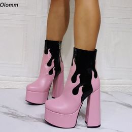 Rontic Handwork Women Winter Platform Ankle Boots Side Zipper Block Heels Round Toe Gorgeous Pink Party Shoes Plus US Size 5-15