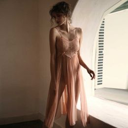 Pink sexy lace straps gather high slits see-through mesh gown nightgown sleepwear nightdress set Q0818