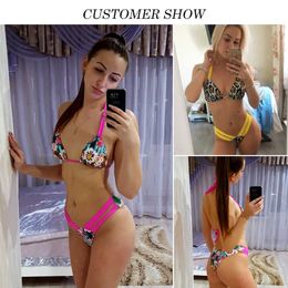 Leopard brazilian bikini 2020 Push up thong swimsuit female Halter high cut neon swimwear women bathing suit Micro sexy bikini Y0820