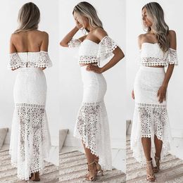 2019 Women White Lace Dress 2 Pcs Set Sexy Slash Neck Backless Pencil Dress Spring Dresses Y0603
