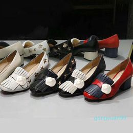 Classic Mid heeled boat shoe Designer leather Thick heel high heels 100% cowhide Tassels Round head Metal Button women Little Dress