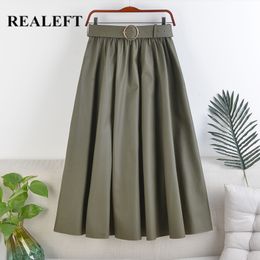 REALEFT Autumn Winter PU Faux Leather Long Skirts with Belt High Waist Elegant New A-line Chic Mid-calf Umbrella Skirts 210309