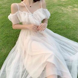 Lolita Style Mesh Ruffles Slash Neck Off Shoulder Lace Up Women Summer White Dress Spaghetti Strap Dresses 210623