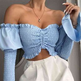 Sexy Lace up V Neck Off Shoulder Flare Sleeve Cropped Top Solid Women Ruched Drawstring Blouse Shirts Fashion Summer Blusas 210603