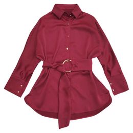 PERHAPS U Women Wine Red Champagne Satin Shirt Turn Down Collar 3/4 Sleeve Work Office Lady B0177 210529