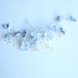 Jonnafe Light Blue Floral Comb Wedding Accessories Pearls Bridal Hair Jewellery Handmade Women Ornaments