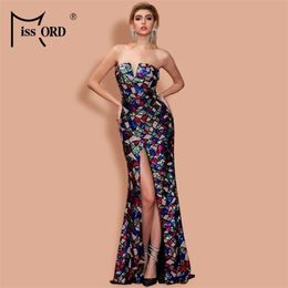 Missord 2021 Women Sexy V Neck Off Shoulder Sequin Multi Dresses High Split Maxi Elegant Summer Dress FT20131 210316