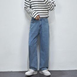 Men's Jeans Blue Korean Style Straight Men Fashion Loose Casual Streetwear Retro Wide-leg Pants Trousers