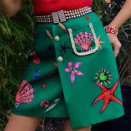 LD LINDA DELLA Fashion Designer Summer High Waist Mini Skirt Women Gorgeous Beaded Print Short Green Skirts 210619