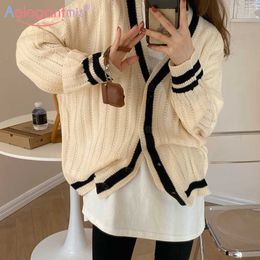Aelegantmis Vintage V Neck Cardigan Women Cozy Knitted Sweater Oversized Casual Korean Single Breasted Loose Jumpers Coats Chic 210607