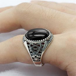 men s silver black onyx rings UK - Real 925 Sterling Silver Islamic Men Ring with Black Onyx Stone Double Swords s for Man Turkish Religious Jewelry Gift 211217