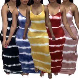 long sleeveless dresses women NZ - Tie Dye Striped Print Sexy Bodycon Sundress Women Deep V Neck Sleeveless Long Party Dress Summer Body-shaping Backless Vestido