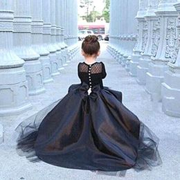 Black Lovely Flower Girls Dresses for Weddings Princess Jewel Long Sleeves Lace Appliques Big Bow Sweep Train Little Kids Holy Pageant Dress 2021