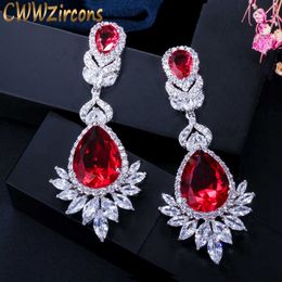 Beautiful Queen Fancy Red Cubic Zirconia Long Bridal Wedding Big Drop Marquise Earrings Brides Jewelry Gift CZ056 210714