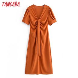 Tangada Summer Women French Style Orange Dress Puff Short Sleeve Office Ladies Midi Dress Vestidos 3W57 210609
