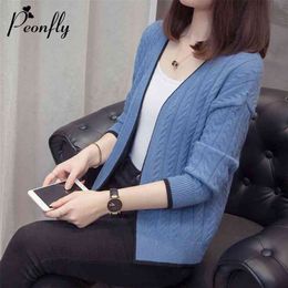 PEONFLY Knitted Cardigan Women Autumn Long Sleeve V Neck Women's Sweater Cardigan Female Open Stitch Pull Femme Blue 210806