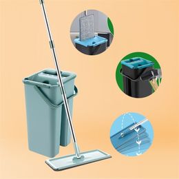 Squeeze Mop With Bucket Head 360 Rotating Flat Mop With Microfiber Pads Hand-free Wash Floor Mop Wet And Dry Home Cleaning Tool 211215