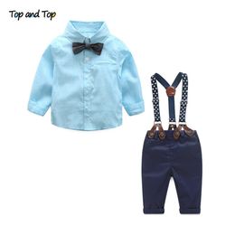 and Top Boy Clothes Long Sleeve Newborn Baby Sets Infant Clothing Gentleman Suit Stripe Bow Tie Shirt+Suspender Trouser 210309