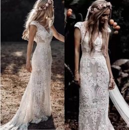 Boho Lace Mermaid Wedding Dresses Bridal Gown Applique V Neck Covered Buttons Back Plus Size Sweep Train Tulle Country Beach Ves De Novia 403 Es Es es