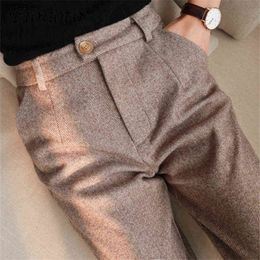 Herringbone Woollen Pants Women's Harem Pencil Autumn Winter High Waisted Casual Suit Office Lady Women Trousers 211129
