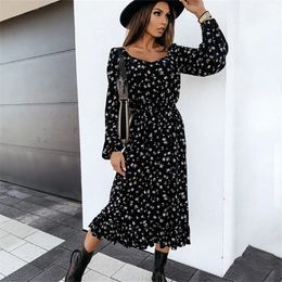 Spring Long Sleeve Floral Midi Woman Dress 2021 Summer Fashion Square Collar Ruffles Black Dresses For Women Casual Vestidos 210316