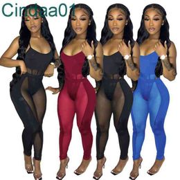 Women Two Pieces Pants Set Designer Tracksuits Outfits Slim Sexy Mesh Stitching Hollow Out Nightclub Perspective Sportwear 3 Colours