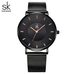 Shengke Fashion Black Women Watches High Quality Ultra Thin Quartz Woman Elegant Dress Ladies Montre Femme SK 210616