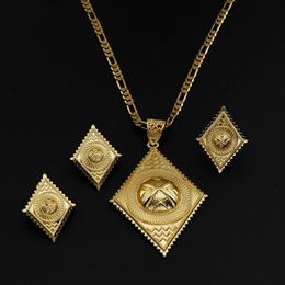 Earrings & Necklace Ethiopian Gold Color Fashion Pendant Ring Women Wedding Jewelry Set