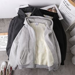 Jacket women solid Colour hoodies autumn winter imitation lamb wool korean loose plus velvet thick zipper sweatshirt tops 201113