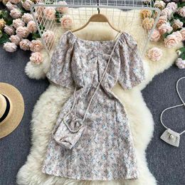 Women Summer Fashion Square Collar Short-sleeved Pleated Short Lace A-line Dress Vintage Elegant Clothes Vestidos S749 210527