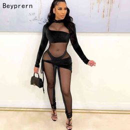 Beyprern Chic Hollow Out Velvet Jumpsuit Fashion See-Through Party Club Outfits Skinny Workout Overalls Costumes Rompers 211115