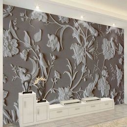 Custom Mural Wallpaper 3D Abstract Embossed Flowers Birds Bedroom Living Room Background Decor Photo Waterproof