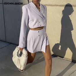 Vintage Sexy Double-breasted Button Short Women Blazer High Waist Irregular Shorts Short Pants Long Sleeve Suits 2 Pieces Set 210721