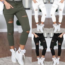 Female Trousers Women Hole Leggings Ripped Pants Slim Stretch Drawstring Trousers Pants Army Green Pants T200521