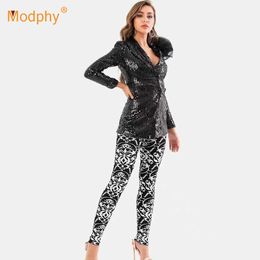 Spring Women'S Bodycon Set Sexy V-Neck Long-Sleeved Mesh Sequined Jacket And Printed Pants 2 Two-Piece Fashion Party Suit 210527