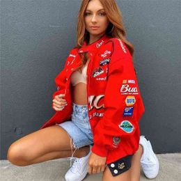 Women Autumn Coat Jacket Red Printed Casual Long Sleeve Oversized s Sport Style Polyester Bomber Vintage 210922