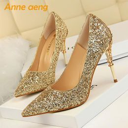 Dress Shoes 2021 Women Pumps High Thin Heel Pointed Toe Shallow Bling Sexy Ladies Bridal Wedding Gold Heels