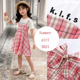 Girls Summer Dress Yang Air Middle Child Girl Net Red Fake Two Pieces of Grid Cotton Korean Dress Girls 2 To 12 Years 2021 New Q0716