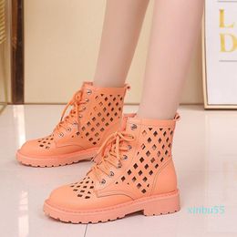 Boots Hollow Out Summer Ankle For Women Round Toe Lace Up Ladies Gladiator Sandals Black White PU Leather Flat Cool