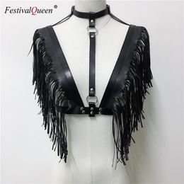 Gothic Leather Hollow Out Crop Top Women Link Chain Tassel Tank Tops Rave Festival Tops Summer Beach Top Sexy Party Clubwear 210308
