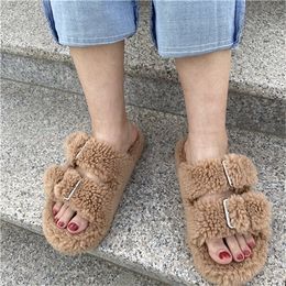 2021 New Women's Slippers Fashion Fur Slippers High Quality Household Plush Slides Fluffy Warm Open-tode Women Shoes Y1120