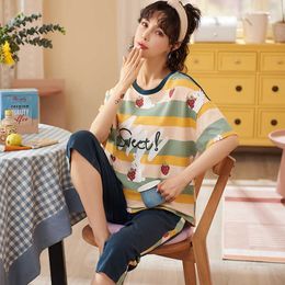 Arrivals Women Home Wear Summer Short Sleeve Women Pyjamas Set Pant Pyjamas Sets Full Cotton Leisure Sleepwear Top and Pant 210831