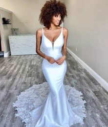 2021 Arabic Aso Ebi Lace Mermaid Sexy Wedding Dresses Deep V-neck Satin Bridal Dresses Backless Cheap Wedding Gowns ZJ365