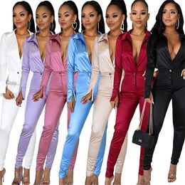 Charming Women Satin Outfits 2021 Spring Sexy Deep V Neck Bodysuit Shirt + High Waist Pants Two Pieces Party Clubwear Sets X0709 X0721